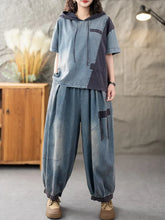 Casual Classic Jeans Pants Loose Hooded Tops Vintage Denim Fitness Suits 2 Pieces Sets