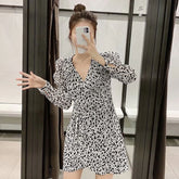 Leopard V Neck Puff Long Sleeve Street Wear Mini Dresses