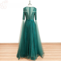 Elegant A Line Beads Sequin Long Cape Sleeves Formal Prom Wedding Party Gowns