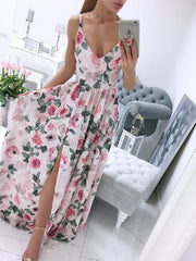 Maxi Dresses Sleeveless Printed V-Neck Split Front Maxi Floor Length Dress