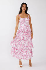 Provence Bloom Tiered Midi Dress Floral Pink