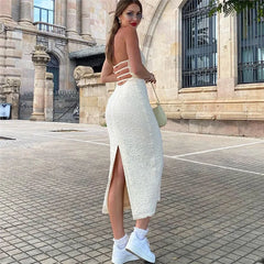 Elegant Sleeveless Backless Slim Low-cut Solid Knit Streetwear Club Dress