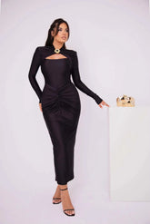 Elegant Pleated Long Sleeved Elastic Tight Bodycon Long Dress