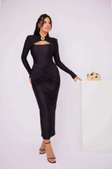Elegant Pleated Long Sleeved Elastic Tight Bodycon Long Dress