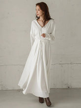 Maxi Dress V-Neck Cotton Retro Pleated Floor Length Dress
