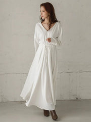 Maxi Dress V-Neck Cotton Retro Pleated Floor Length Dress