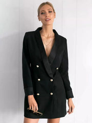 Elegant Front Button Double Breasted V-Neck Long Sleeve Office Blazer Dress