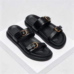 Open Toe Buckle Platform Sandal Round Toe Narrow Band Flat Sandals Non-slip Comfortable Vacation Beach Shoe