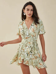Flower Print Ruffle Belt Cross Front V-neck Short Sleeve Dress