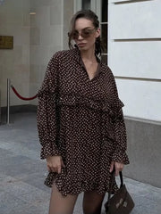 Casual V-Neck Long Sleeve Loose Print Ruffle Mini Dresses