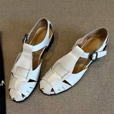 Roman-Style Gladiator Sandals Comfort Square-Heel Metal Buckle Straps Flats Sandals Openwork Woven Design Shoes