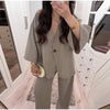 Casual One Button Shirts Solid Pants Full Sleeve V-neck Shirt High Waist Two Piece Set