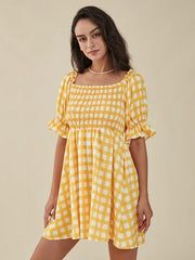 Plaid Print Puff Sleeve Shirred Square Collar Mini Dress
