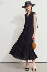 Ruffled Sleeveless V-Neck Hem Drawstring Raglan Sleeve Dress