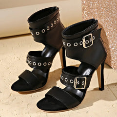 Hollow Out Buckle Strap Zipper Sandals Woman's Thin Heel