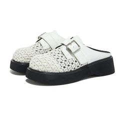 High Quality Leather Mesh Mules Slippers Openwork Design Wedge Heel