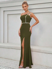 Elegant Strapless Sequin Ribbon Slit Backless Evening Party Ball Bridesmaid Maxi Dress