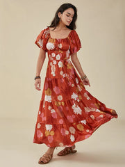 Flower Print Puff Sleeve Belt Square Collar Swing Dress