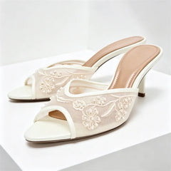 Mesh Embroidery Brown Slippers Peep Toe Heel