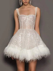 Elegant Straps Neck Sequins Sleeveless Sheer Birthday Party Mini Dress