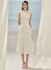 3D Flower Erotic Patchwork Sleeveless Pleated Split Slim Party Dresses