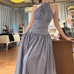 Elegant Stripe Print O-Neck Backless Sleeveless High Waist Pleated Long Dresses