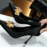 Luxury Satin Designer Pumps Pointed Toe Gold Flower Decoration Thin High Heel