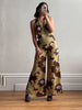 Printed Sequins Backless Halter High Waist Deep V-neck Wide Leg Straight Jumpsuit