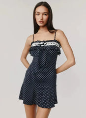 Patchwork Print Polka Dot Lace Spaghetti Strap Slim Lace Up Mini Dress