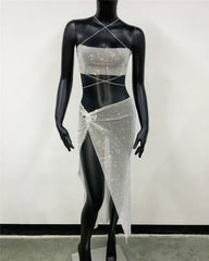 Shiny Diamonds Backless See Through Fishnet Camisole With Hollow Side Split Long Skirt 2 Piece Set