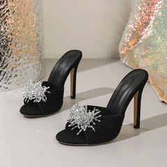 Design Crystal Diamond Open Toe Slide Slippers Thin High Heel