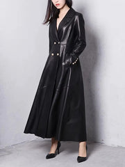 Elegant Faux Leather Double Breasted Full Sleeve Office Lady Trench Coat