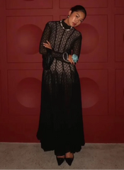 Hollow Out O-Neck Slim Fit Long Sleeve Robe High Waist Pleated Party Mesh Maxi Dresses