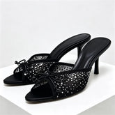 Mesh Rhinestone Bow Decoration Slippers Pointy Toe Peep Toe Slides Sandals Elegant Luxury Designer Heel