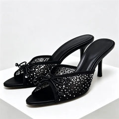 Mesh Rhinestone Bow Decoration Slippers Pointy Toe Peep Toe Slides Sandals Elegant Luxury Designer Heel