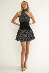 Kalianna Ruched Waist Scarf Mini Dress Polka Dot Black