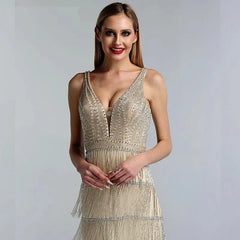 Deep-V Sequined Beading Tassel Luxury Formal Dress