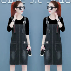 Casual Pockets Overall Sleeveless Strap Slash Neck Jean Dress