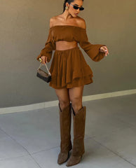 Loose Long Sleeve Crop Top With High Waist Pleated Mini Skirt Set