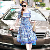 Square Collar Porcelain Print Holiday Party Dress
