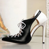 Novelty Patchwork Design Gladiator Sandals Pointy Toe Cross Lace Up High Heel