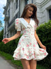 Elegant V-Neck High Waist Pearl Buttons Print Puff Sleeves Ruffled Mini Dress