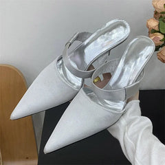 Spring Satin Hollow Slippers Pointed Toe Thin Low Heel