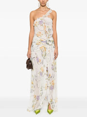 One Shoulder Hollow Out Printed Sleeveless Backless Flower Ruffles Split Slim Dresses