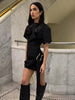 Short Sleeve Draped Metal Buckle O Neck High Waist Bodycon Club Dress
