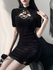 Short Sleeves Korean Velvet Cheongsam Short Bodycon Dresses
