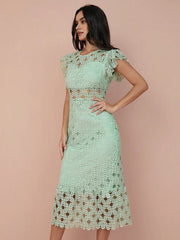 Hollow Lace Solid Ruffle Sleeve Midi Dress