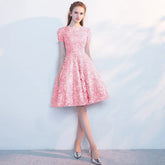 Elegant Flowers High Neck A-LINE Short Sleeve Bespoke Cocktail Party Mini Dress