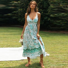 Elegant Print Sleeveless Lace Up V-neck Midi Dress