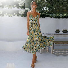 Printed Sundress V-neck Backless Dress